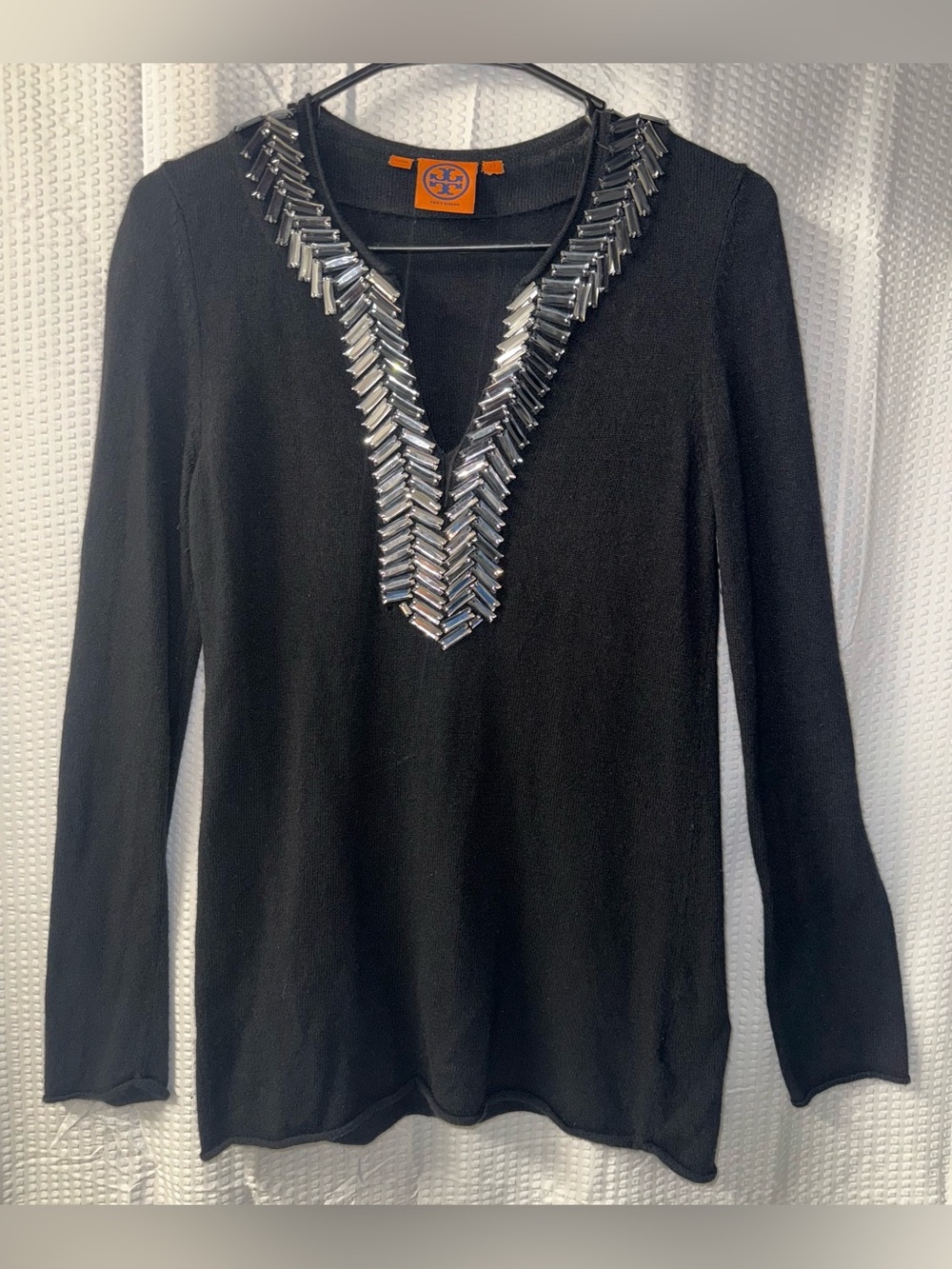 Tory Burch Cashmere Merino Wool Black Long Sleeve Top With Silver Size XS